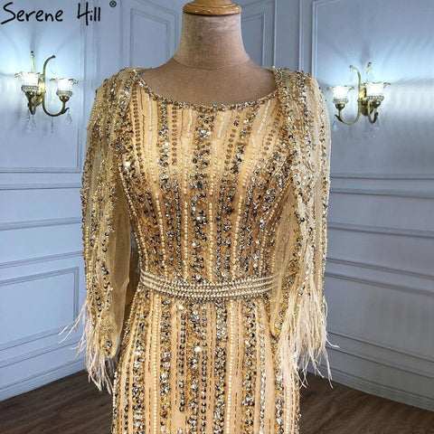 Grey Mermaid Long Sleeves Dubai Evening Dresses Luxury Diamond Beading O-Neck Formal Dress 2025 LA70503