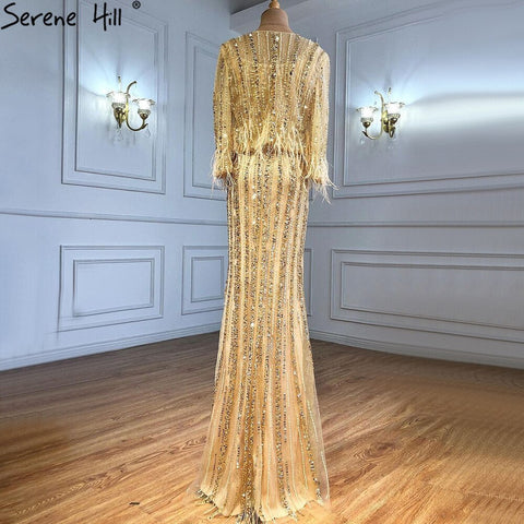 Grey Mermaid Long Sleeves Dubai Evening Dresses Luxury Diamond Beading O-Neck Formal Dress 2025 LA70503