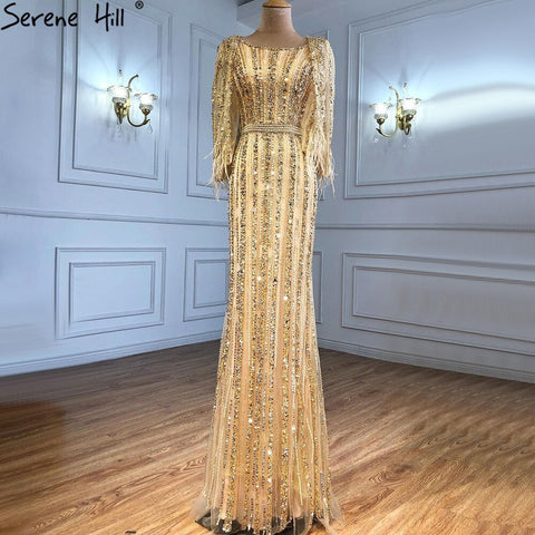 Grey Mermaid Long Sleeves Dubai Evening Dresses Luxury Diamond Beading O-Neck Formal Dress 2025 LA70503