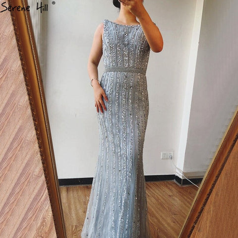 Grey Mermaid Long Sleeves Dubai Evening Dresses Luxury Diamond Beading O-Neck Formal Dress 2025 LA70503