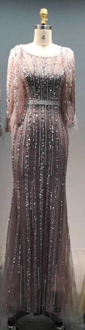 Grey Mermaid Long Sleeves Dubai Evening Dresses Luxury Diamond Beading O-Neck Formal Dress 2025 LA70503