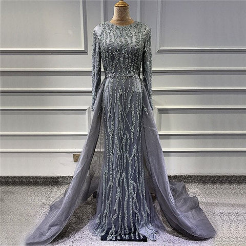 Grey Mermaid Luxury Dubai Designer Evening Dresses Beading Sequined Fashion Long Sleeves Evening Gowns 2025 LA6302