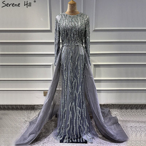 Grey Mermaid Luxury Dubai Designer Evening Dresses Beading Sequined Fashion Long Sleeves Evening Gowns 2025 LA6302