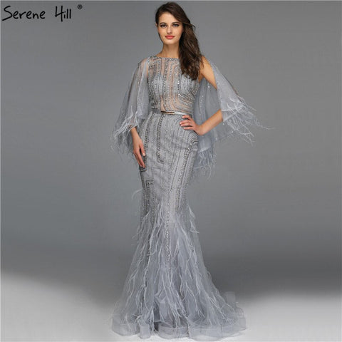 On Sale no return no refundSale Grey O-Neck Feathers Crystal Evening Dresses Dubai Design Sleeveless Luxury Sexy Evening Gowns 2025 LA70153