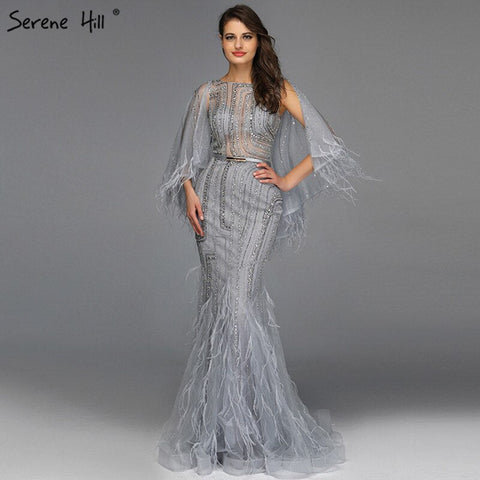 On Sale no return no refundSale Grey O-Neck Feathers Crystal Evening Dresses Dubai Design Sleeveless Luxury Sexy Evening Gowns 2025 LA70153