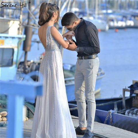 Sale Grey Sequins Beading V-Neck Sexy Evening Dresses 2025 Dubai Sleeveless A-Line Formal Dress LA70340