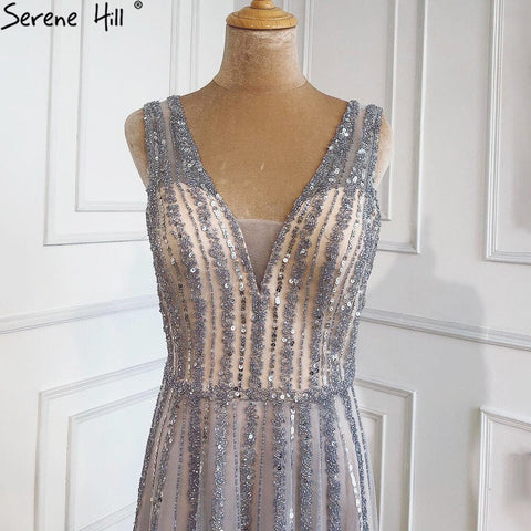 Sale Grey Sequins Beading V-Neck Sexy Evening Dresses 2025 Dubai Sleeveless A-Line Formal Dress LA70340