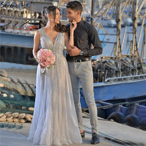 Sale Grey Sequins Beading V-Neck Sexy Evening Dresses 2025 Dubai Sleeveless A-Line Formal Dress LA70340