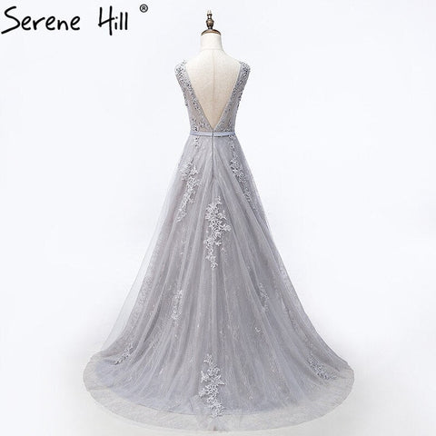 On Sale no return no refundSale Grey Sexy Backless Tulle A-Line Evening Gowns Beading Appliques Sleeveless Formal Party Dress 2025 HA2152