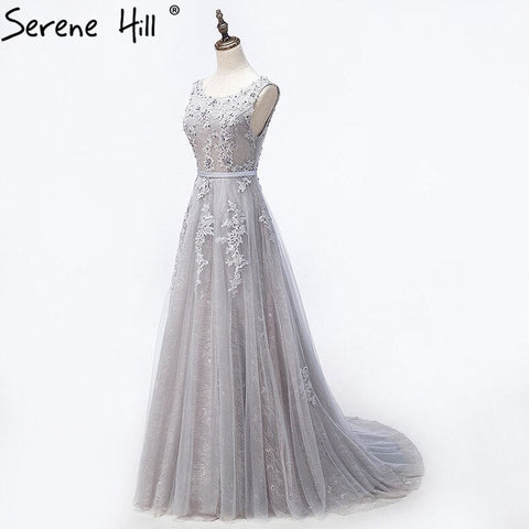 On Sale no return no refundSale Grey Sexy Backless Tulle A-Line Evening Gowns Beading Appliques Sleeveless Formal Party Dress 2025 HA2152