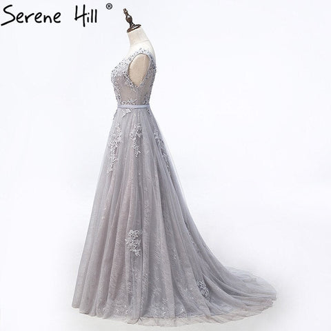 On Sale no return no refundSale Grey Sexy Backless Tulle A-Line Evening Gowns Beading Appliques Sleeveless Formal Party Dress 2025 HA2152