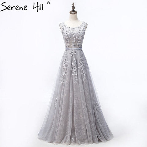 On Sale no return no refundSale Grey Sexy Backless Tulle A-Line Evening Gowns Beading Appliques Sleeveless Formal Party Dress 2025 HA2152