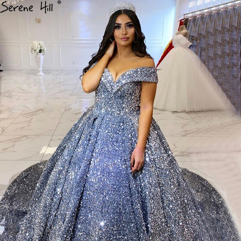 Grey Silver Sequined Wedding Dresses 2025 Dubai Sleeveess Sexy Luxury Bridal Gowns HM66742 Custom Made