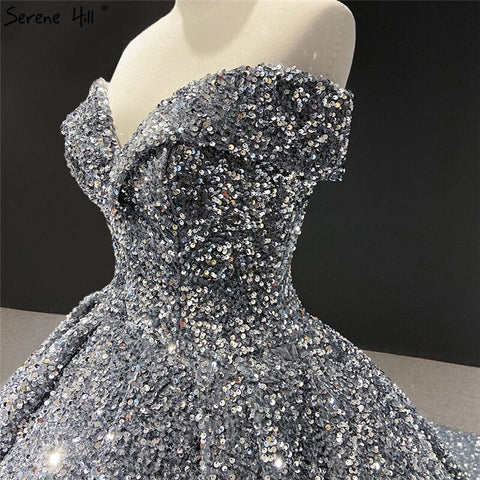 Grey Silver Sequined Wedding Dresses 2025 Dubai Sleeveess Sexy Luxury Bridal Gowns HM66742 Custom Made
