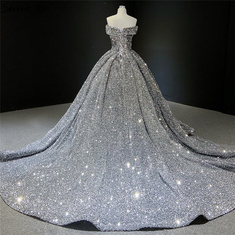 Grey Silver Sequined Wedding Dresses 2025 Dubai Sleeveess Sexy Luxury Bridal Gowns HM66742 Custom Made