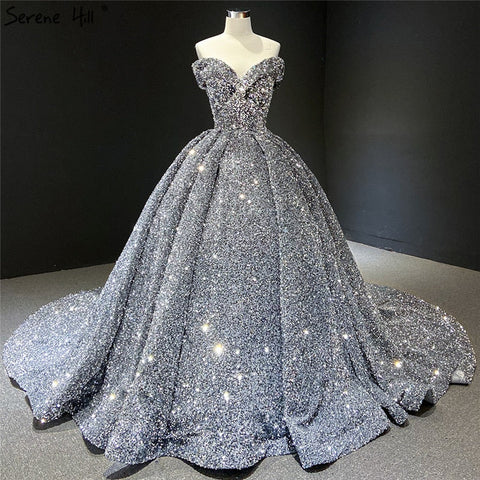 Grey Silver Sequined Wedding Dresses 2025 Dubai Sleeveess Sexy Luxury Bridal Gowns HM66742 Custom Made