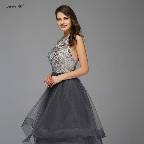 Sale Grey Sleeveless Sexy A-Line Evening Dresses Design 2025 Backless Beading Crystal Evening Gowns Real Photo LA70144