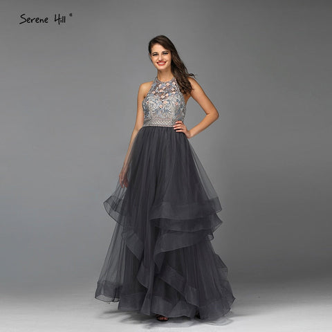 Sale Grey Sleeveless Sexy A-Line Evening Dresses Design 2025 Backless Beading Crystal Evening Gowns Real Photo LA70144