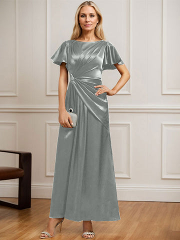 A-line Scoop Ankle-Length Stretch Satin Mother of the Bride Dress With Pleated Beading