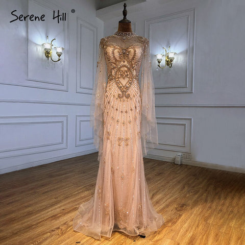 Robe de soirée luxueuse grise nude à manches cape, sirène perlée, élégante et sexy, pour femme, LA71187, 2025 