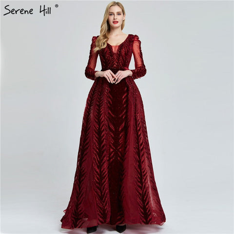 Velvet Wine Red Evening Dresses Long Sleeves Luxury Design Beading  Formal Dress 2025 Plus Size LA60903
