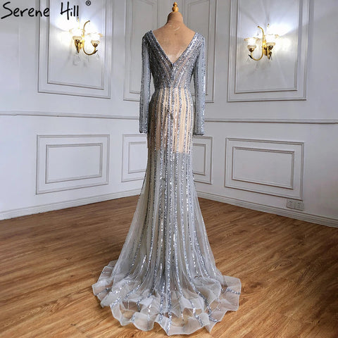 Silver Blue Mermaid Split Evening Dresses Gowns 2025 Beaded Elegant Luxury For Women Party LA71392