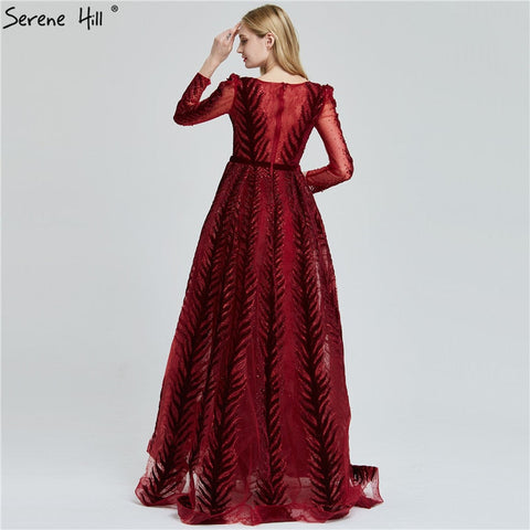 Velvet Wine Red Evening Dresses Long Sleeves Luxury Design Beading  Formal Dress 2025 Plus Size LA60903
