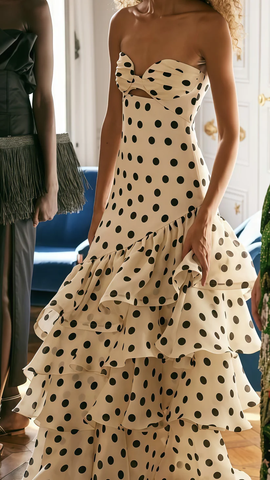 Robe de bal élégante en mousseline de soie à pois et volants, bustier sirène, Y8279