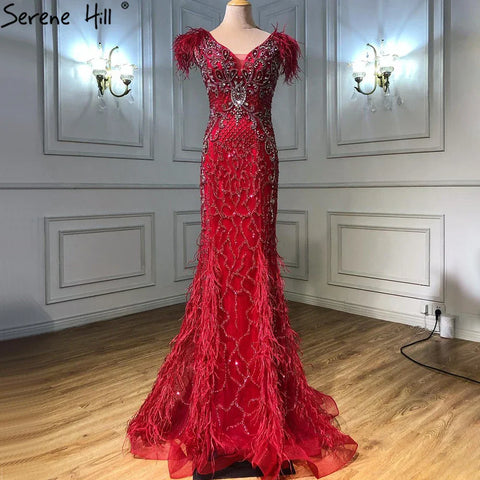 Champagne Luxury V-Neck Sexy Mermaid Evening Dresses 2025 Diamond Feathers Sleeveless Formal Dress LA70350