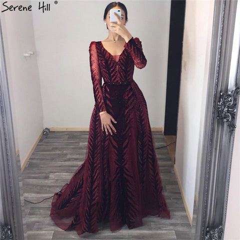 Velvet Wine Red Evening Dresses Long Sleeves Luxury Design Beading  Formal Dress 2025 Plus Size LA60903