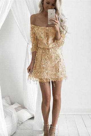 Beaded Off Shoulder Long Sleeve Graduation Dresses Homecoming Dresses