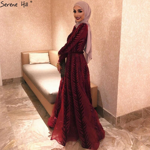 Velvet Wine Red Evening Dresses Long Sleeves Luxury Design Beading  Formal Dress 2025 Plus Size LA60903