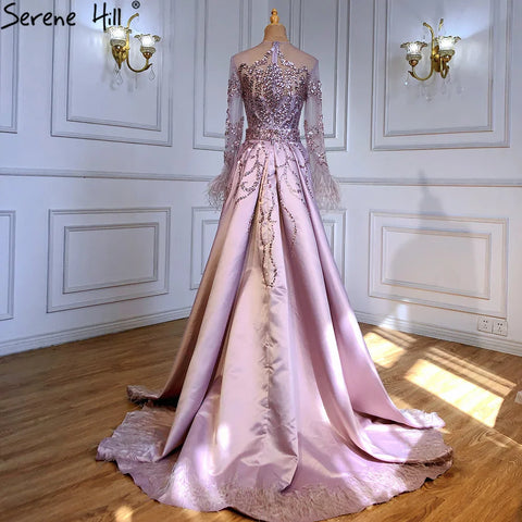 Blue  Long Sleeve Feathers beaded Evening Dresses Dubai Mermaid Luxury Evening Gowns 2025 LA60932