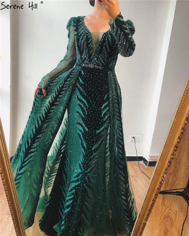 Velvet Wine Red Evening Dresses Long Sleeves Luxury Design Beading  Formal Dress 2025 Plus Size LA60903