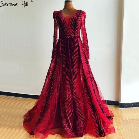 Velvet Wine Red Evening Dresses Long Sleeves Luxury Design Beading  Formal Dress 2025 Plus Size LA60903