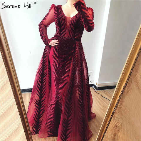 Velvet Wine Red Evening Dresses Long Sleeves Luxury Design Beading  Formal Dress 2025 Plus Size LA60903