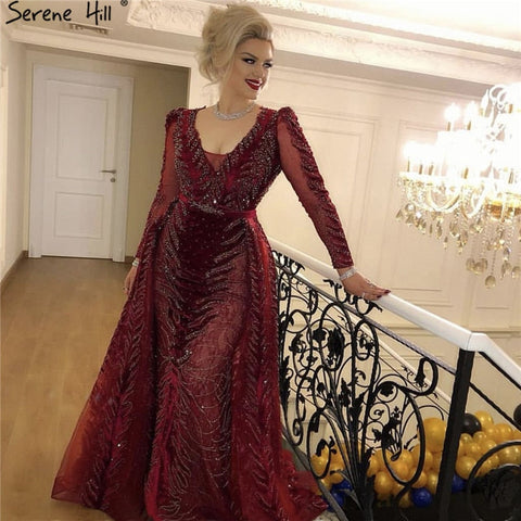 Velvet Wine Red Evening Dresses Long Sleeves Luxury Design Beading  Formal Dress 2025 Plus Size LA60903