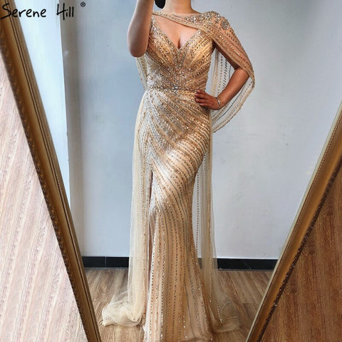 Luxus Champagner Sexy Split Abendkleider 2025 Diamant Sleeveless Meerjungfrau Formale Kleid Ruhigen Hill LA70301