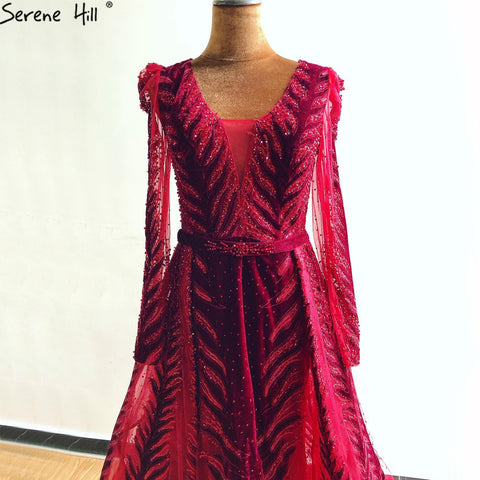 Velvet Wine Red Evening Dresses Long Sleeves Luxury Design Beading  Formal Dress 2025 Plus Size LA60903