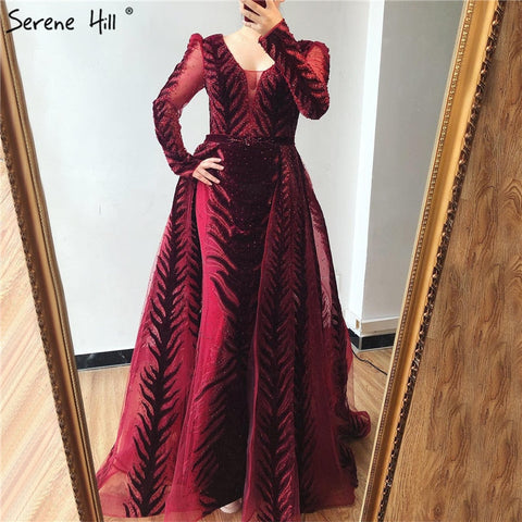 Velvet Wine Red Evening Dresses Long Sleeves Luxury Design Beading  Formal Dress 2025 Plus Size LA60903