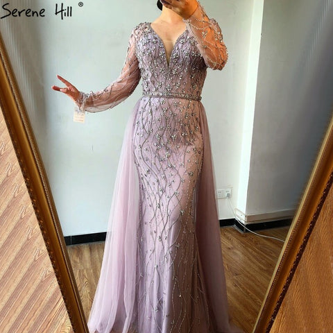 Dubai Luxury Grey With DetachableTrain Evening Dresses 2025 Long Diamond Mermaid Beading Formal Dress LA70341