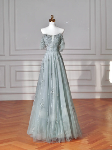 Robe de bal vert clair à col carré en tulle perlé, coupe trapèze, référence Y8612