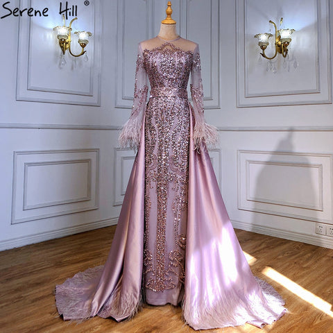 Robe de soirée sirène bleue amovible, style musulman, avec plumes et perles, luxueuse, pour femmes, LA60932A, 2025 