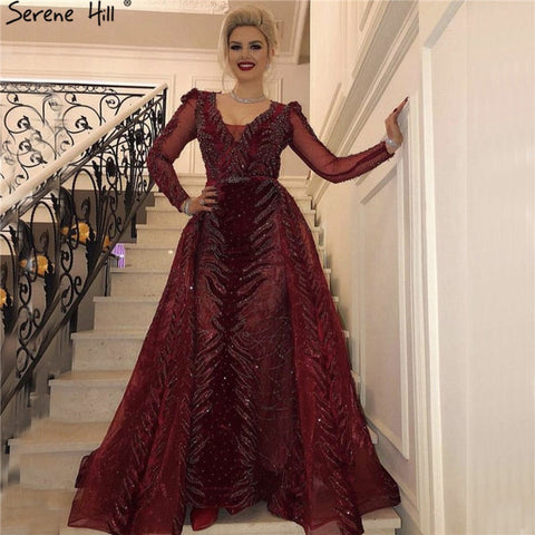 Velvet Wine Red Evening Dresses Long Sleeves Luxury Design Beading  Formal Dress 2025 Plus Size LA60903