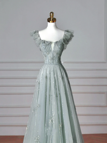Robe de bal vert clair à col carré en tulle perlé, coupe trapèze, référence Y8612