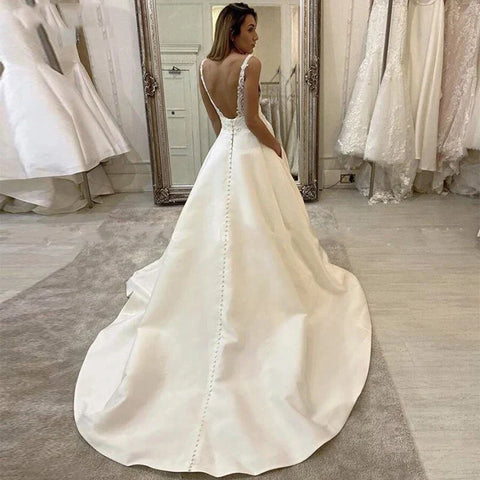 White Satin A Line Bridal Gowns Sexy Deep V Neck Wedding Dress Boho Vestido De Noiva Simple Appliques Back Less With Pocket