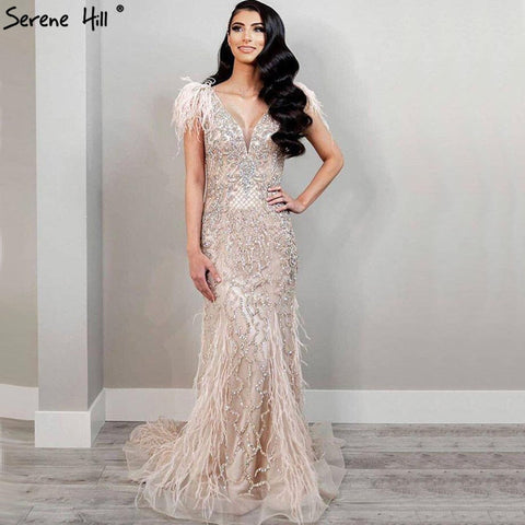 Champagne Luxury V-Neck Sexy Mermaid Evening Dresses 2025 Diamond Feathers Sleeveless Formal Dress LA70350