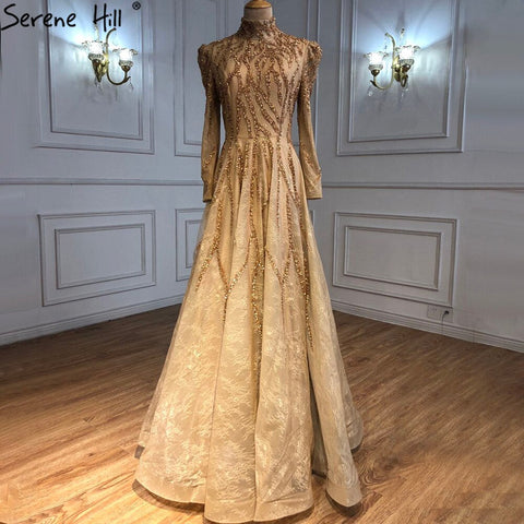 Robe de soirée musulmane dorée scintillante, longueur cheville, perles, coupe trapèze, pour femmes, LA70996, 2025 