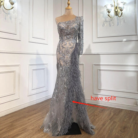Grey Mermaid Split Luxury Evening Dresses Gowns 2025 Elegant Beadings Feathers Formal Women Party LA70828