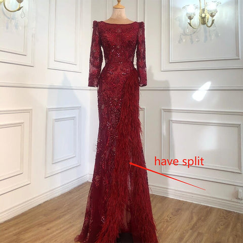 Grey Mermaid Split Luxury Evening Dresses Gowns 2025 Elegant Beadings Feathers Formal Women Party LA70828